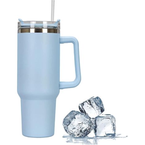 mug Isotherme 40oz Avec Poigne - Bleu Clair, Mug  Caf Isotherme Avec Poigne Et Paille Mug  Caf En Acier Inoxydable, Mug De Voyage  Double Isolatio
