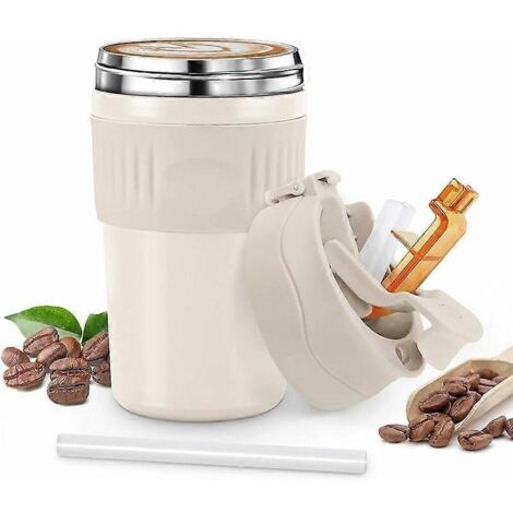 Mug isotherme 480 ml avec paille. Mug à café isotherme en acier inoxydable. Bouteille isotherme étanche. Mug de voyage pour boissons chaudes et froides (blanc).