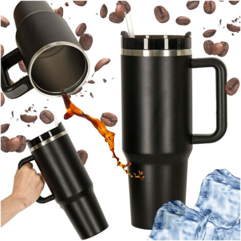 Mug isotherme avec paille et anse 1 200 ml noir