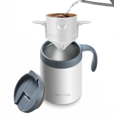 Mug isotherme blanc + gobelet égouttoir (ensemble de deux pièces)Tasse à café filtre portable en acier inoxydable, mug isotherme, tasse de voyage portable pour une utilisation à la maison, ensemble de