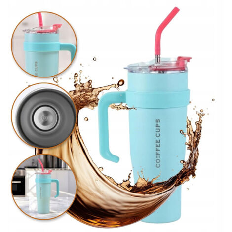 Mug isotherme ECARLA avec anse et paille, 1200 ml, turquoise BD23TUR