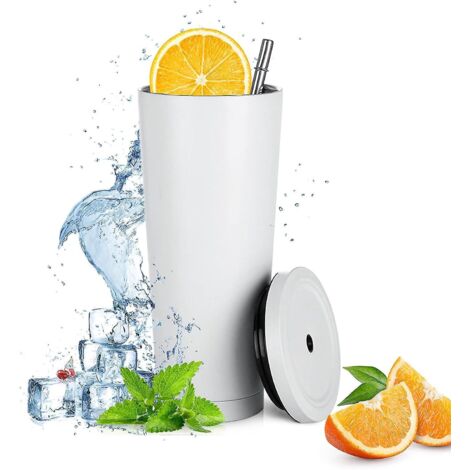 Mug isotherme en acier inoxydable avec paille et couvercle, 500 ml (17 oz), double paroi, garde les boissons chaudes pendant des heures, idéal pour la maison, le bureau, le shopping ou les voyages.