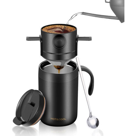 Mug isotherme noir + filtre anti-goutte + cuillère (ensemble de trois pièces)Tasse à café filtre portable en acier inoxydable, mug isotherme, tasse de voyage portable pour une utilisation à la maison,