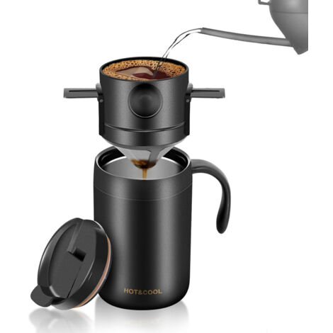 Mug isotherme noir + gobelet égouttoir (ensemble de deux pièces)Tasse à café filtre portable en acier inoxydable, mug isotherme, tasse de voyage portable pour une utilisation à la maison, ensemble de