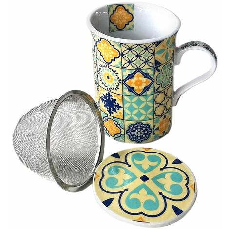 Mug Jaune et Bleu en porcelaine avec infuseur Carreaux de ciment