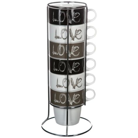 Mug Love - Lot de 6 - 26cL - 13 x 13 x 30 cm - Porcelaine - Marron et blanc - Livraison gratuite