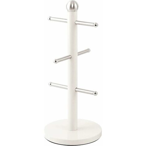 Mug Tree 6 Cup Mug Tree Holder Pole Stand Stainless Steel Kitchen Storage Rack Black White Chrome 3 Color Optional Stand Set 35CM x 15CM (13.8"x 5.9") No Rust Cup Rack Weighted Base Anti-Slip (White)