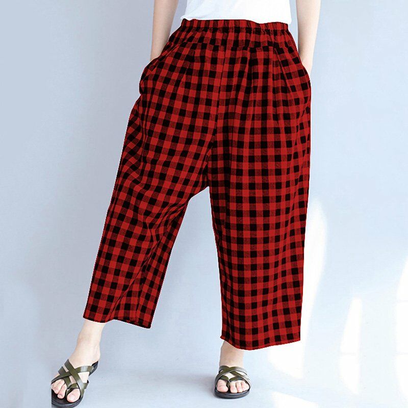 

Mujer elegante Pantalones a cuadros sueltos Bolsillos en la cintura elastica Pantalones rectos casuales Rojo / Negro,Rojo, S