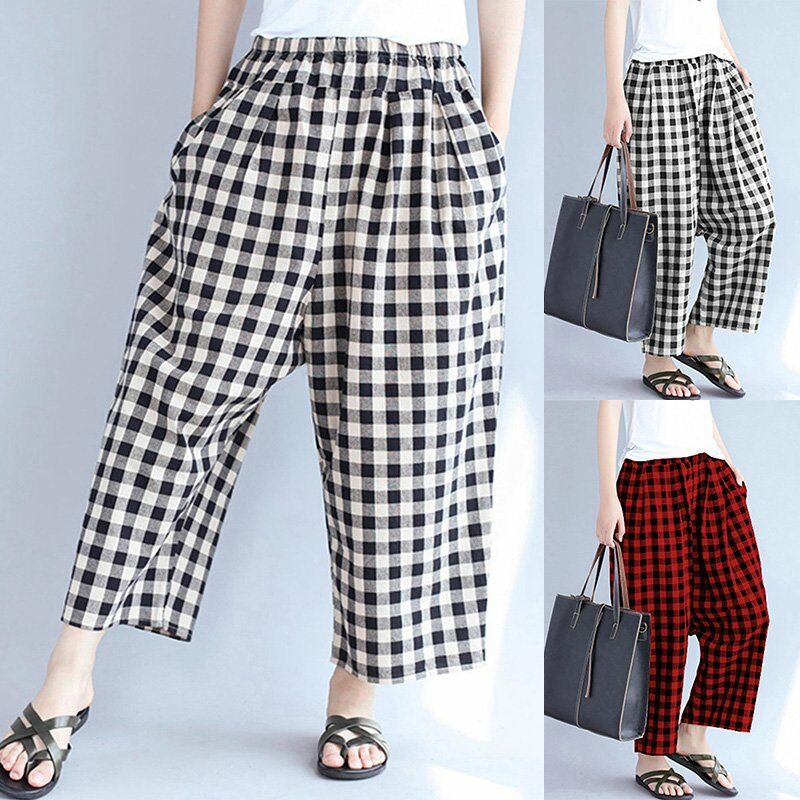 

Mujer elegante Pantalones a cuadros sueltos Bolsillos en la cintura elastica Pantalones rectos casuales Rojo / Negro,Negro, M