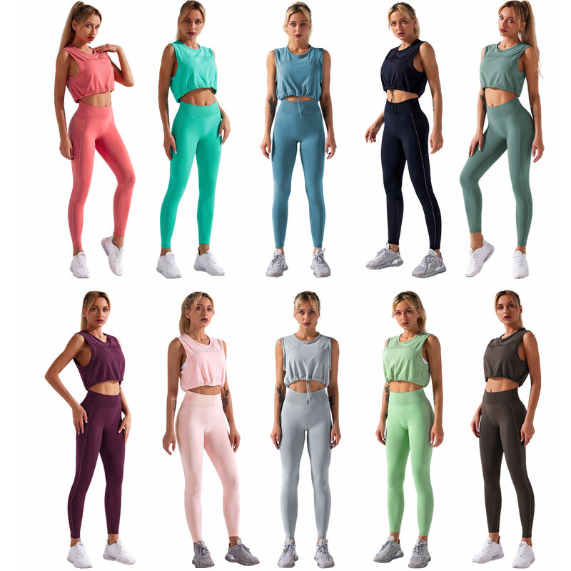 

Mujeres 2 uds conjunto de yoga sin costuras sin mangas camiseta sin mangas con cordon elastico de cintura alta Leggings Fitness ropa deportiva para