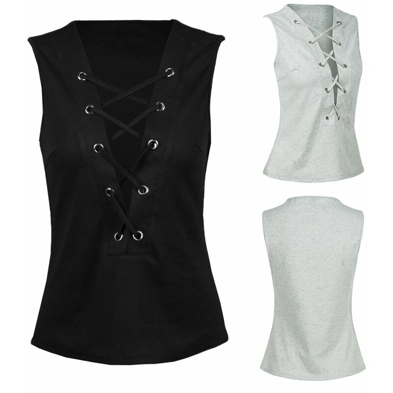 

Mujeres atractivas Crop Top Strappy Tank Tops Plunge V-Cuello con cordones Sin mangas Solido Chaleco delgado Negro / Gris,Negro, M