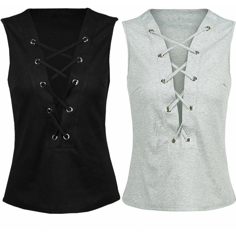 

Mujeres atractivas Crop Top Strappy Tank Tops Plunge V-Cuello con cordones Sin mangas Solido Chaleco delgado Negro / Gris,Negro, XXL