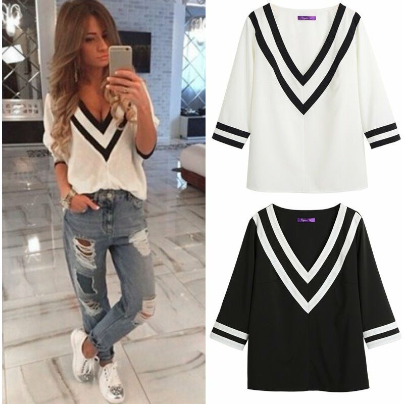 

Mujeres Blusas con cuello en V profundo Mangas 3/4 Bloque de color Rayas Camisas casuales sueltas atractivas Blusas Jersey Top,Blanco, XXXL