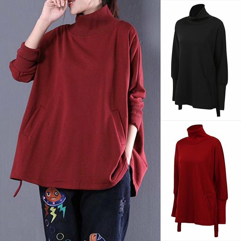 

Mujeres Sudaderas con capucha solidas Cuello de tortuga Bolsillos de manga larga Blusa suelta Tallas grandes Tops Negro / Borgona,Negro, XXL