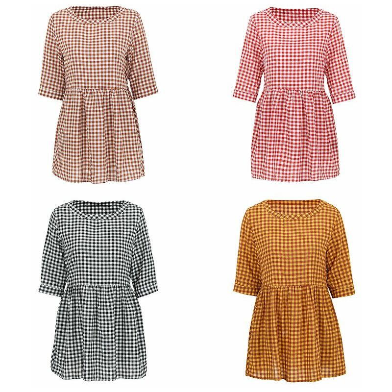 

Mujeres Vintage Plaid Blusa larga Tunicas Manga 3/4 Bolsillos Tops sueltos ocasionales Mini vestido,Cafe, XXXXL