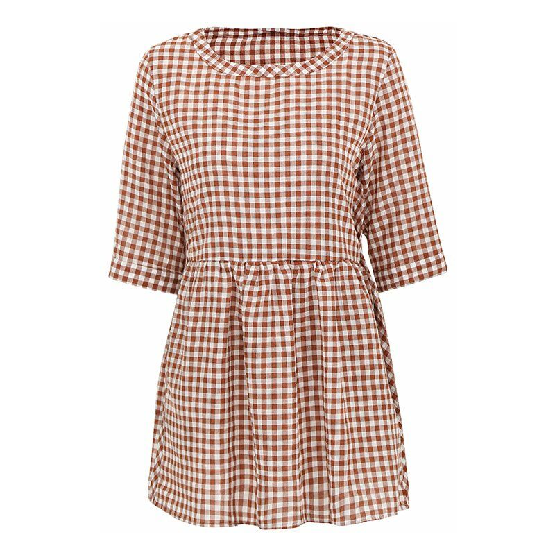 

Mujeres Vintage Plaid Blusa larga Tunicas Manga 3/4 Bolsillos Tops sueltos ocasionales Mini vestido,Cafe, L