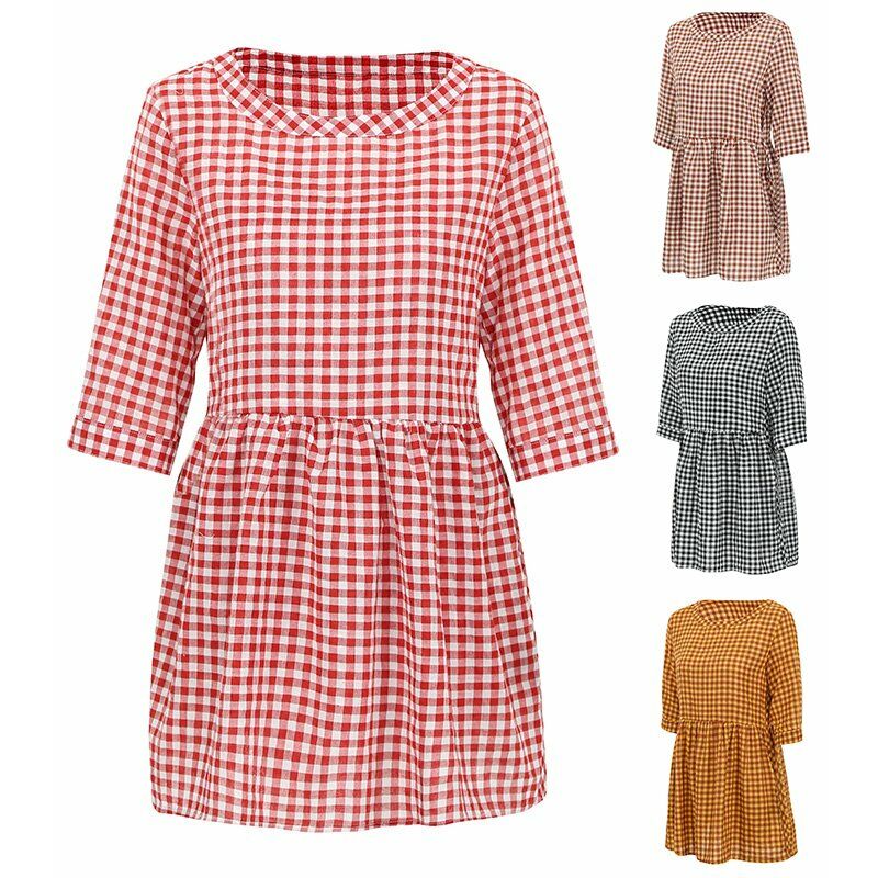 

Mujeres Vintage Plaid Blusa larga Tunicas Manga 3/4 Bolsillos Tops sueltos ocasionales Mini vestido,Cafe, S