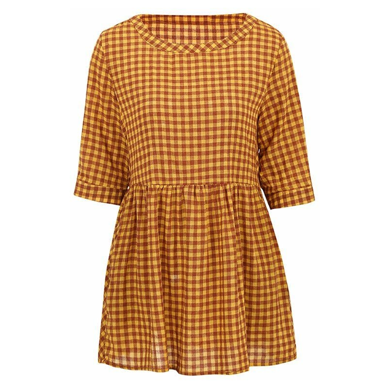 

Mujeres Vintage Plaid Blusa larga Tunicas Manga 3/4 Bolsillos Tops sueltos ocasionales Mini vestido,Amarillo, L