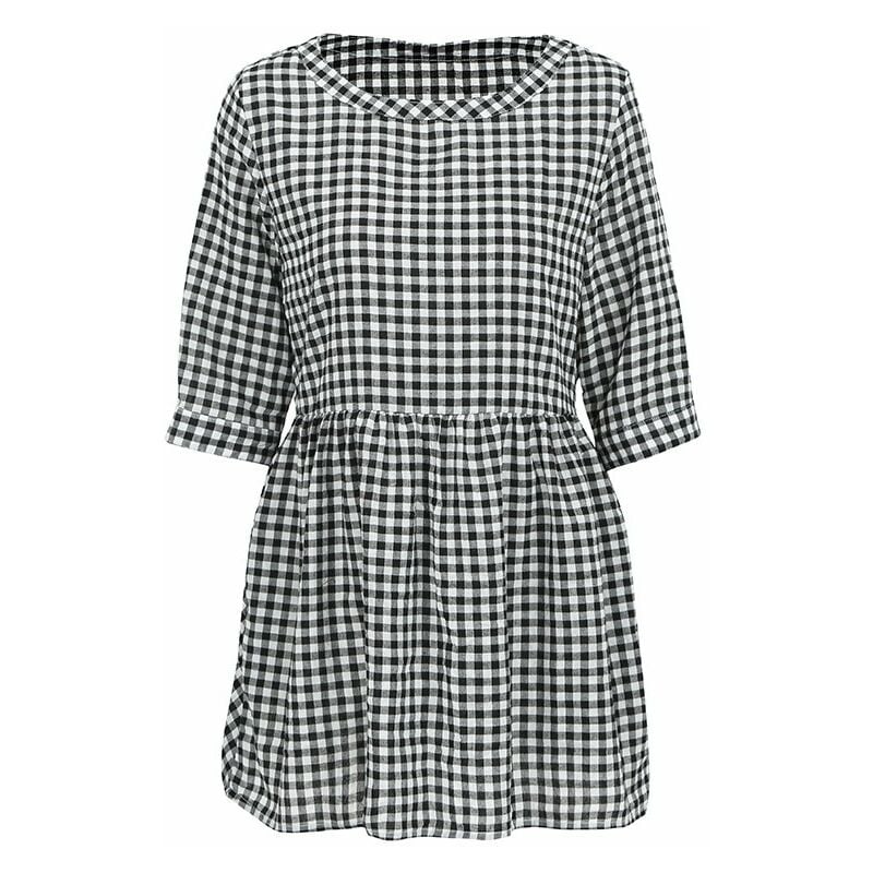 

Mujeres Vintage Plaid Blusa larga Tunicas Manga 3/4 Bolsillos Tops sueltos ocasionales Mini vestido,Negro, XXL