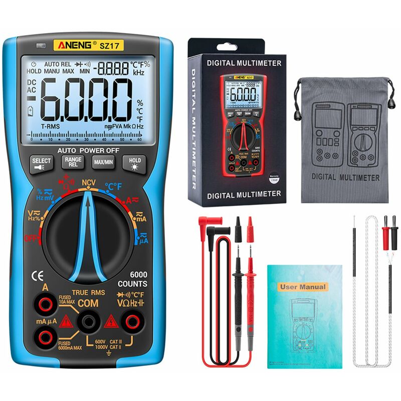 

Multímetro digital inteligente ANENG SZ17, 6000 recuentos, rango automático RMS verdadero,sin batería,estándar, azul