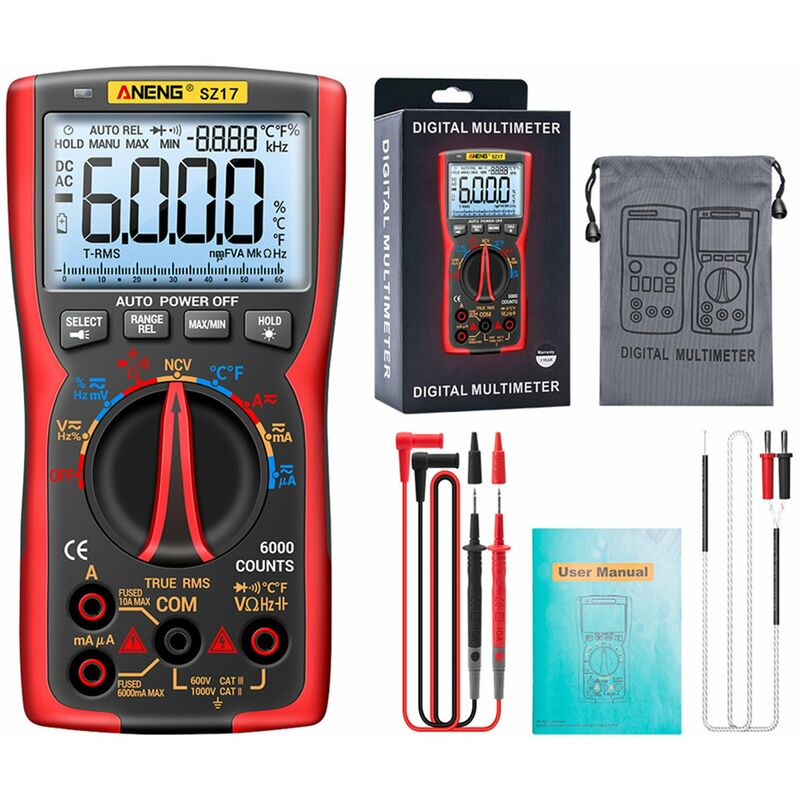 

Multímetro digital inteligente ANENG SZ17, 6000 recuentos, rango automático RMS verdadero,sin batería,Estándar,Rojo