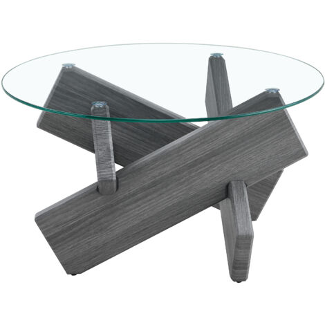 Multi-Farbe optional MDF + Glas runder Couchtisch: Kreative Kreuz graue Textur Stützbeine, einfach und modisch. 79cm Durchmesser, 0,8cm dicke gehärtete Glasoberfläche.
