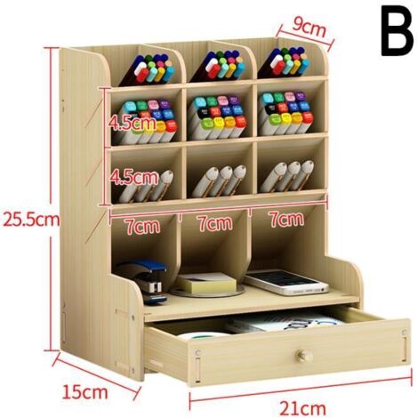 Multi-fonction 5 grilles Porte-crayon de bureau Rangement de stylo Boîte en bois Organisateur de bureau avec tiroir - B