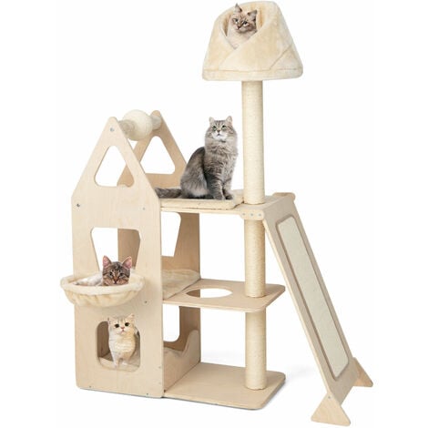 Multi-Layer Cat Tree Wooden Cat Tower Cat Climbing Stand W/ Sisal Ramp & Cradle