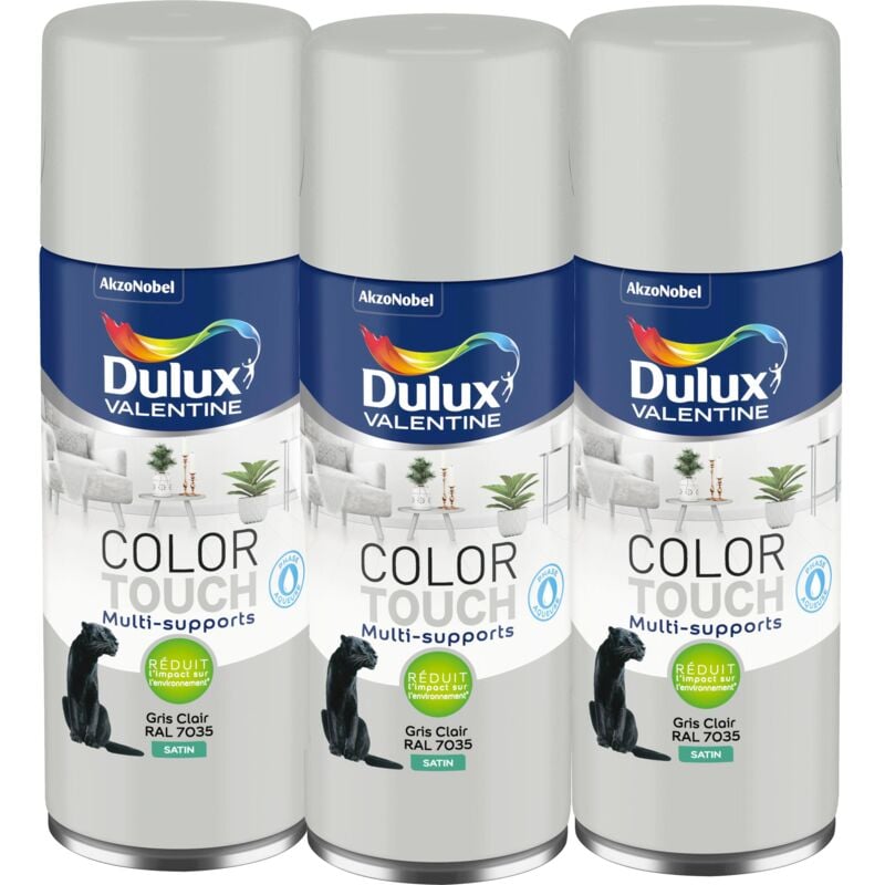 Dulux Valentine - Multi Pack 3 - Peinture aérosol Color Touch Multi-Supports - Satin Gris Clair 400 ml