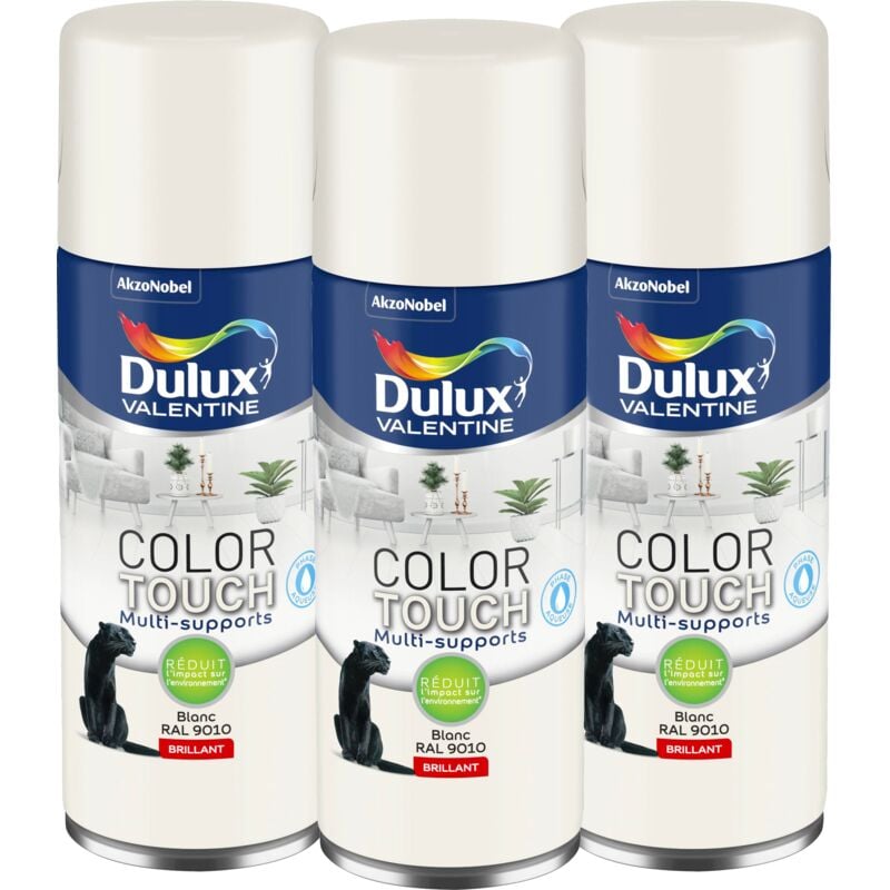 Dulux Valentine - Multi Pack 3 - Peinture aérosol Color Touch Multi-Supports - Brillant Blanc 400 ml