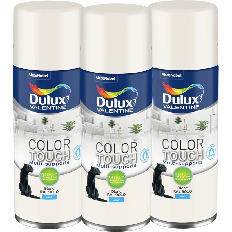 Dulux Valentine - Multi Pack 3 - Peinture aérosol Color Touch Multi-Supports - Mat Blanc 400 ml