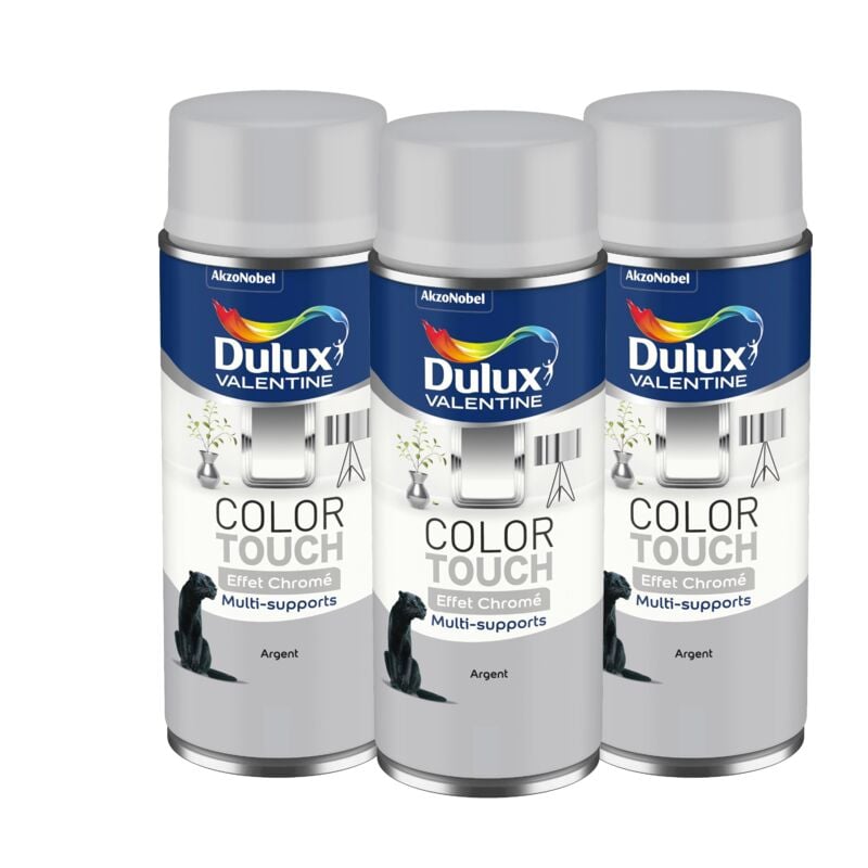 Dulux Valentine - Multi Pack 3 - Peinture aérosol Color Touch Multi-Supports - Effet Chromé Argent 400 ml