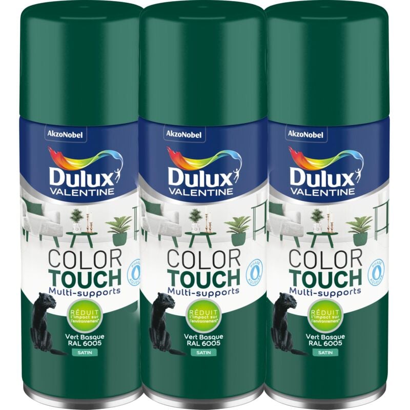 Dulux Valentine - Multi Pack 3 - Peinture aérosol Color Touch Multi-Supports - Satin Vert Basque 400 ml