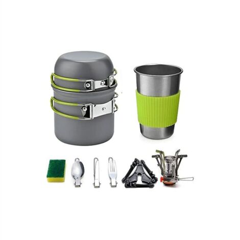 Multi-PCS Kit de Cuisine de Camping, 1-2 Personnes Kit de Casseroles et Poêles Ultra-léger Compact Durable Extérieur Cookware pour Camping Randonnée Pique-Nique Pêche avec Réchaud et Une Tasses