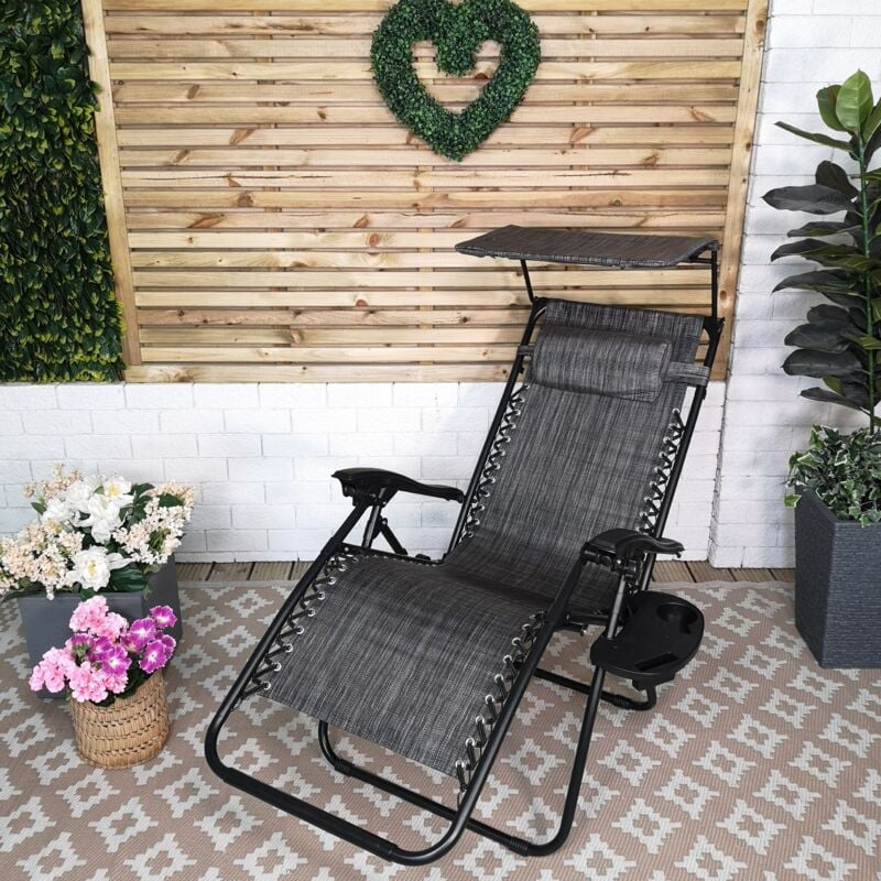 Multi Position Garden Gravity Relaxer Chair Sun Lounger with Sun Canopy in Grey