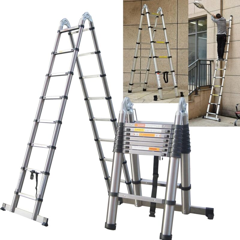 Multi-Purpose 16.4FT/ 5M Stainless Steel Ladder with Stabiliser Bar, Telescoping Combination Ladder 2 Sections Extendable Foldable Portable Ladders