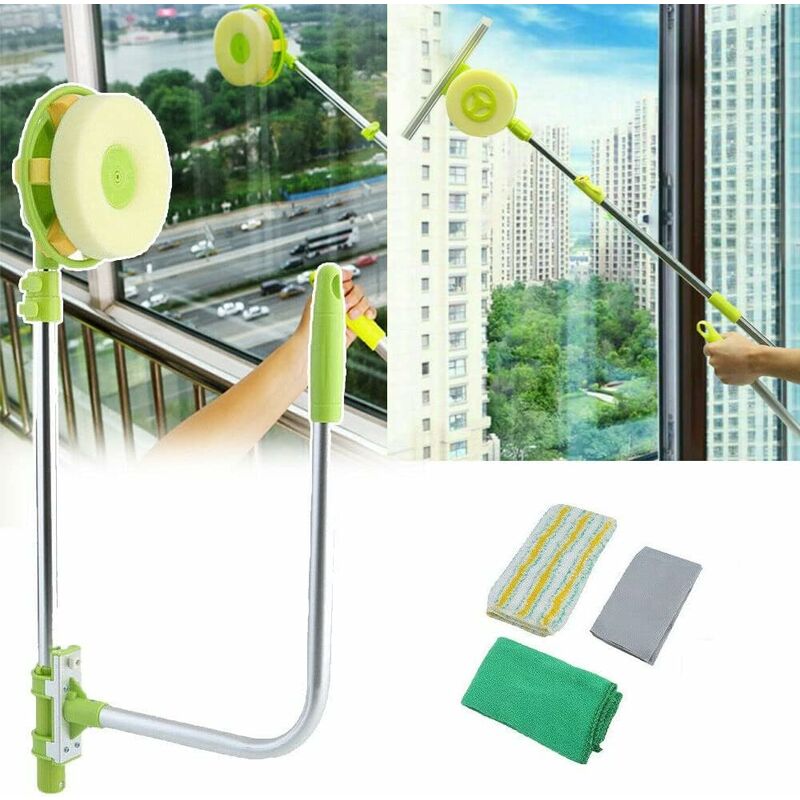 Briefness - Multi-purpose 2 in 1 Window Cleaner with Rotating Head, High Rise Window Cleaning Tool with 1.4m Extendable Pole, u Shape Telescopic