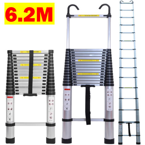 Multi-Purpose 6.2M/20.35ft Aluminium Extension Telescopic Ladder w/Roof Hook