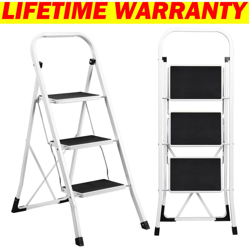 Folding 3 Tread Step Ladder Heavy Duty Steel Safety Stepladder with Non Slip Mat