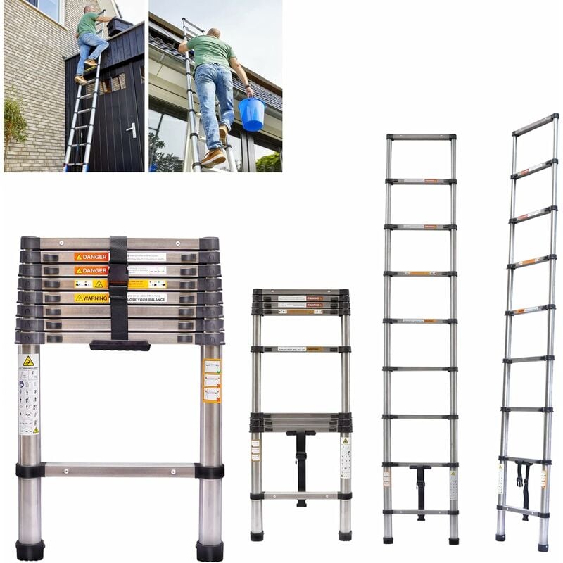 Briefness - Multi-Purpose Aluminium Telescopic Ladder 2.6M, Portable Foldable Ladder Extension Extend Ladder, 9 Steps Ladder Max 150KG Capacity