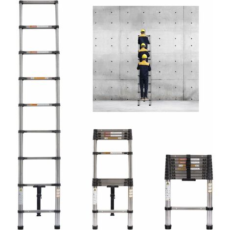 Multi-Purpose Telescoping Ladder 2.6m Heavy Duty Strong Extension Ladder 330lbs Load Capacity, EN131 Certificated, Compact Home Loft Ladder Portable Collapsible Ladder