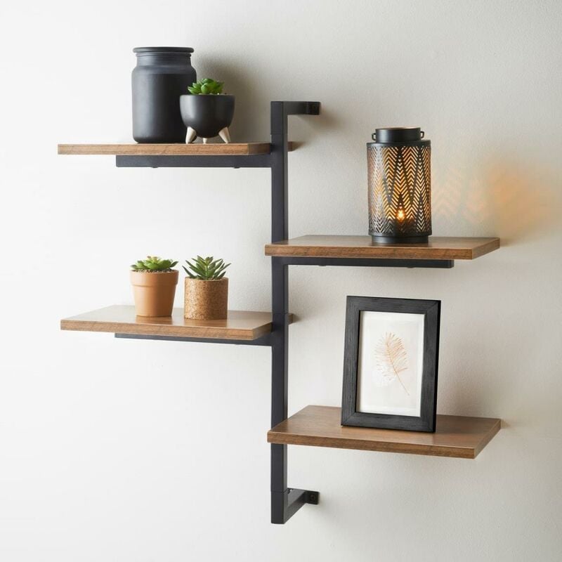 Dylex - Multi Section Shelf Black Metal with Wooden Shelf Floating 4 Tier Wall Shelves