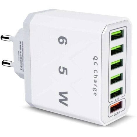 Multi-USB-Ladegerät, 65-W-USB-Schnellladegerät mit 6 Anschlüssen und QC 3.0 Smart Fast Charger, universelles USB-A-Netzteil für 15 Pro Max, 14 Plus, 13, 12, 11, SE, XR, iPad und Samsung