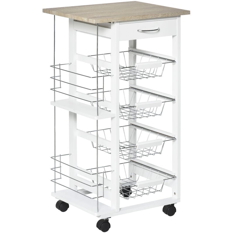 Homcom - Multi-Use Kitchen Island Trolley w/ 4 Baskets 2 Side Racks Drawer Worktop White and brown - Natural and White