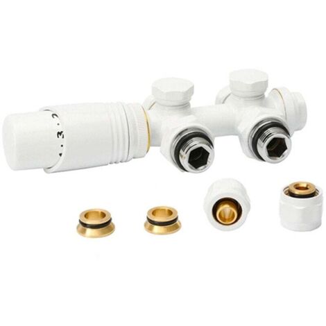 Multiblock mit Thermostat, Eckventilblock und Durchflussarmatur für Badheizkörper, Zentralanschluss, Ventil, Heizungszubehör, Thermostatkopf, M30x1,5, 50 mm