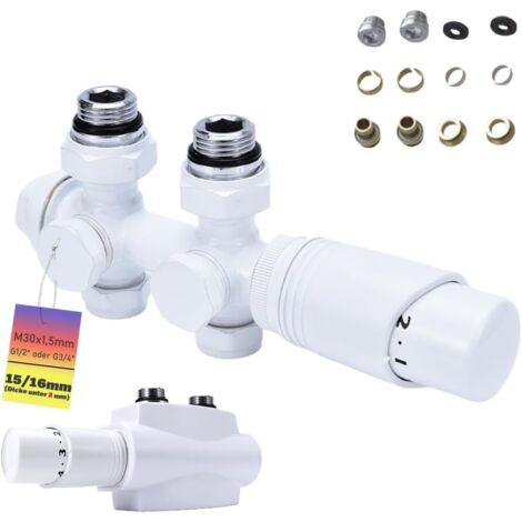 Multiblock Set mit Thermostat, Eck und Durchgangsform Hahnblock für Heizkörper Badheizkörper Anschlussarmatur Mittelanschluss Heizkörperventil Ventil-Armaturen Messing, G1/2" G3/4", 15/16mm, Weiß