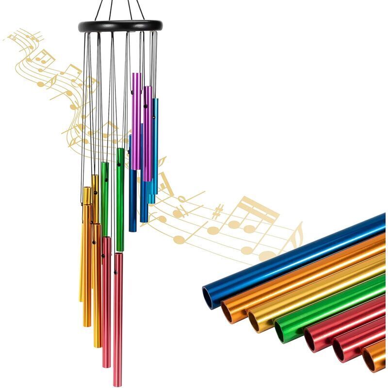 Multicolore, 27') Carillon éolien d'extérieur, 14 tubes en aluminium coloré, carillon éolien de jardin arc-en-ciel coloré, adapté à la décoration du