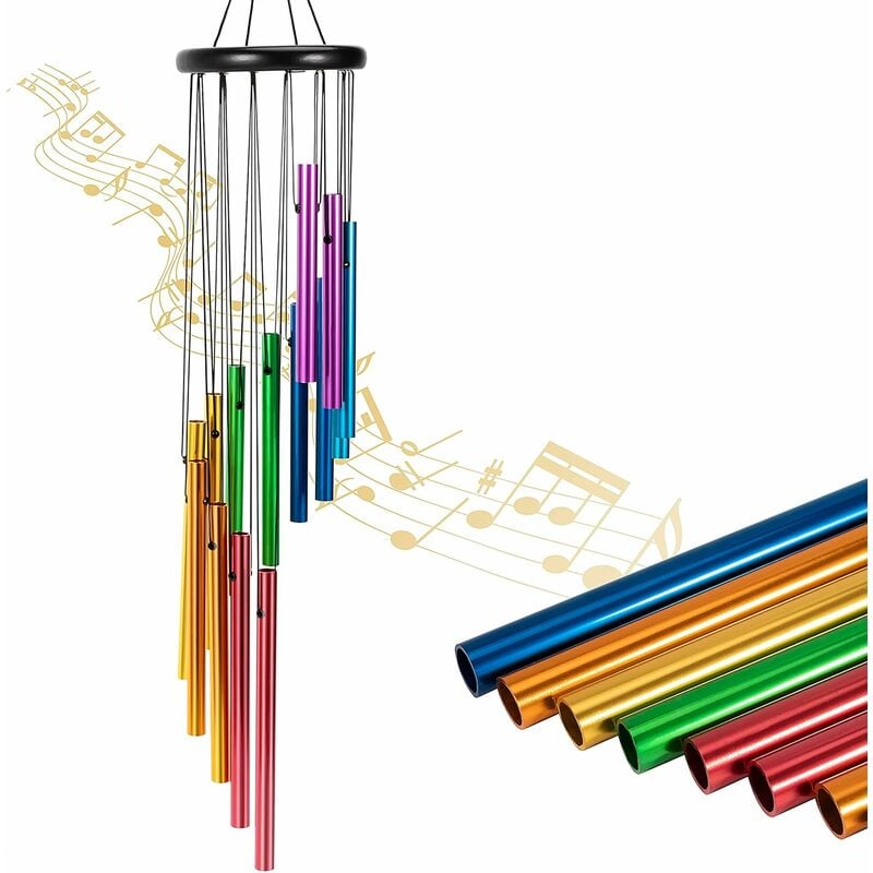 Multicolore, 27') Carillon éolien d'extérieur, 14 tubes en aluminium coloré, carillon éolien de jardin arc-en-ciel coloré, adapté à la décoration du
