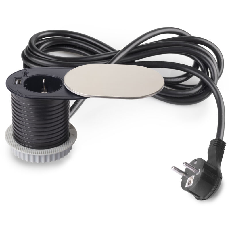 Multiconnecteur Vertikal Flat 60, diamètre 60mm, 1 x prise Schuko, 1 x usb Type a, 1 x usb Type c, Acier et Plastique, Acier inoxydable - Emuca