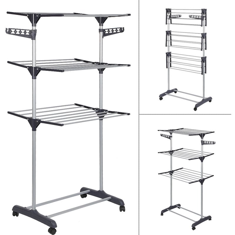 Multifonction 3 Niveaux Étendoir à Linge Pliable avec Ailes Supplémentaires Gris